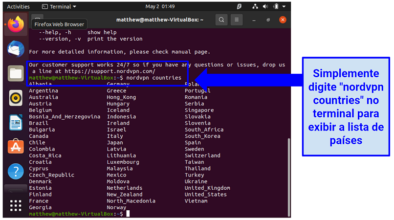 A screenshot showing the command that displays the list of countries on NordVPN's Ubuntu app.