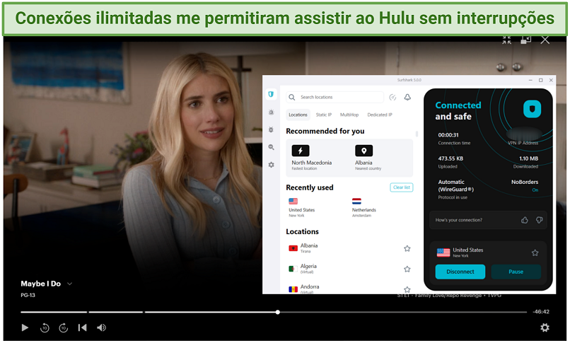 A screenshot of Maybe I Do streaming on Hulu while connected to a local US Surfshark server