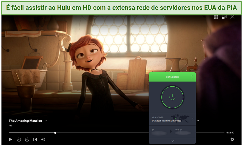 Screenshot of The Amazing Maurice streaming on Hulu with PIA connected