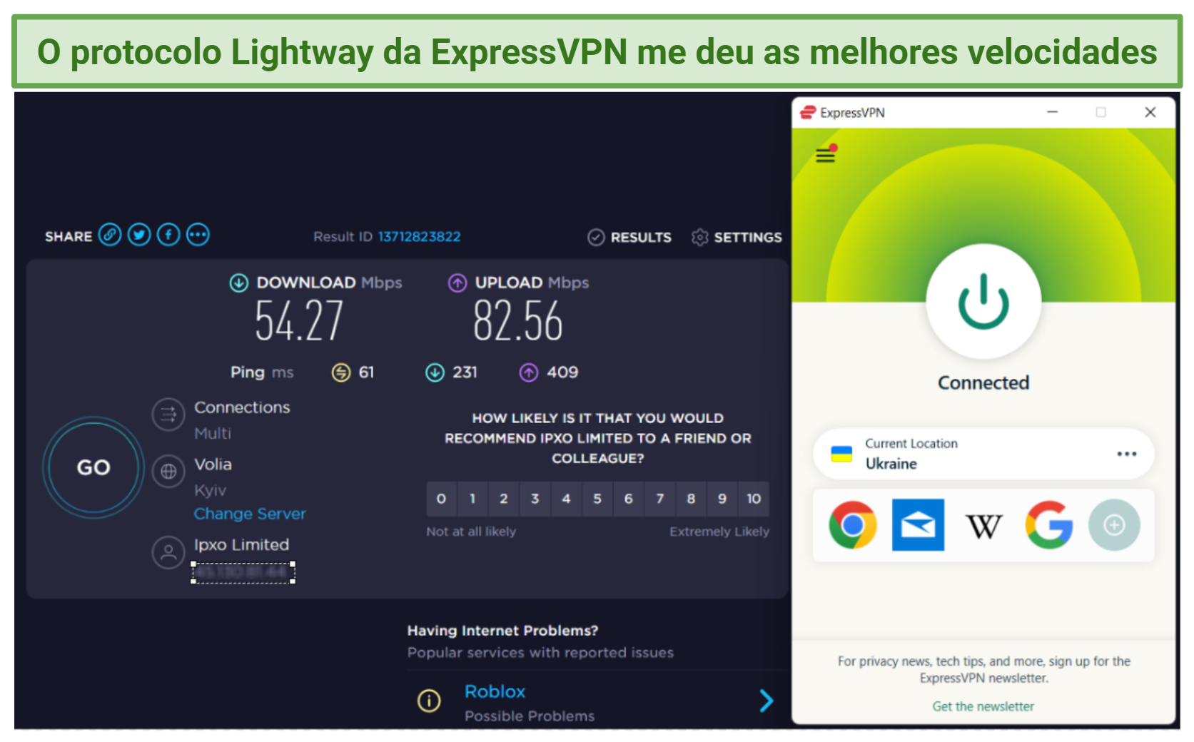 Screenshot of ExpressVPN speed test using Lightway Protocol