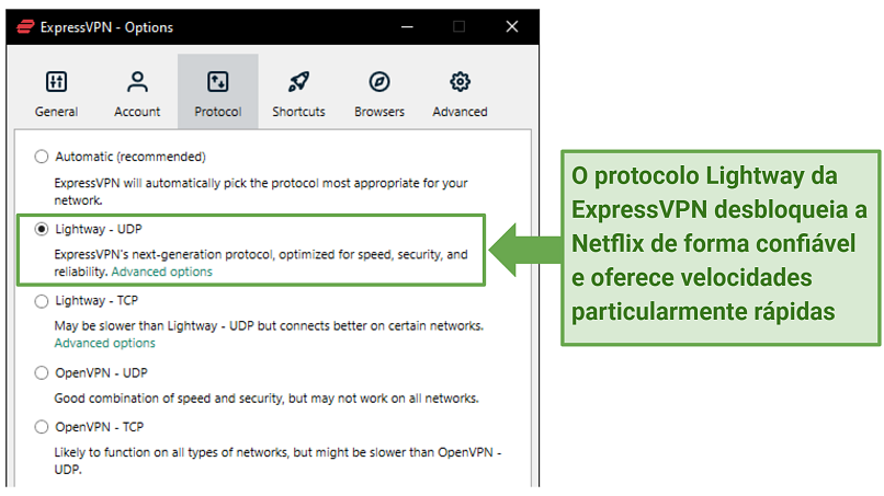 Screenshot of ExpressVPN's available protocols