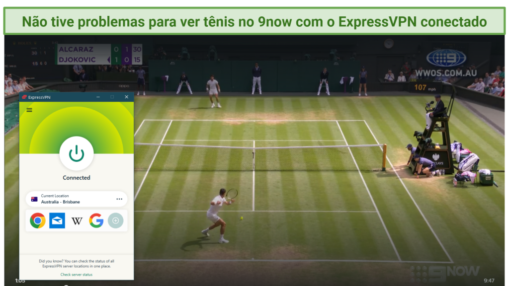 Streaming Wimbledon on 9Now with ExpressVPN connected to Australia