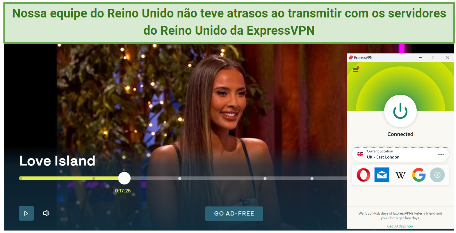 A screenshot showing Love Island playing on ITVX while connected to ExpressVPN's East London server