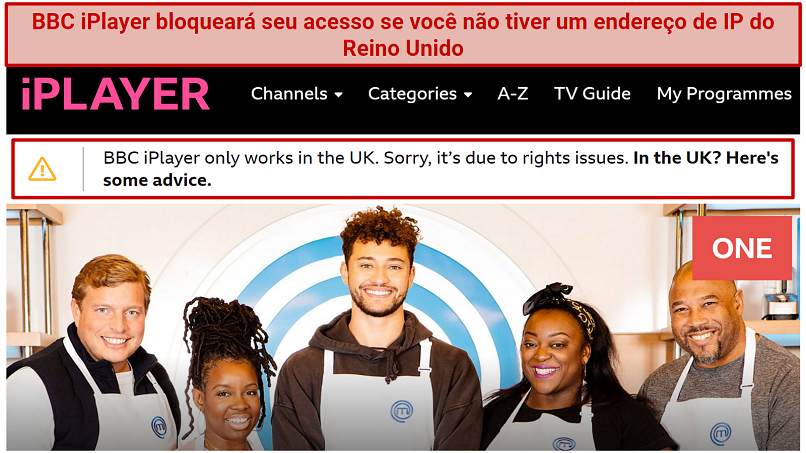A screenshot of BBC iPlayer showing an error message when connecting to it from outside the UK