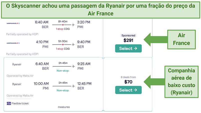 Screenshot showing flight comparisons on Skyscanner between Air France and Ryanair