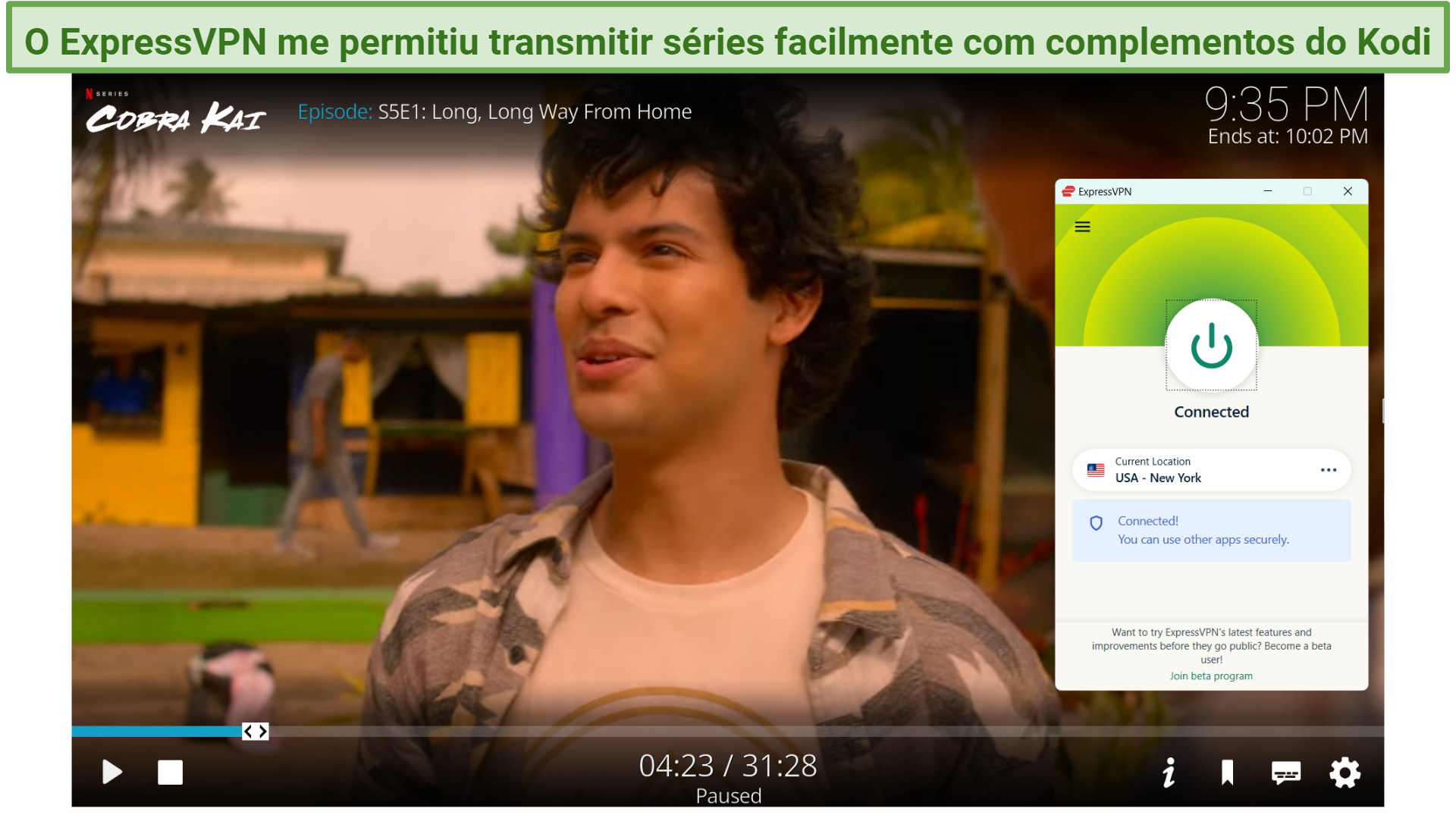 Screenshot of Cobra Kai streaming using the Netflix Kodi add-on with ExpressVPN connected.