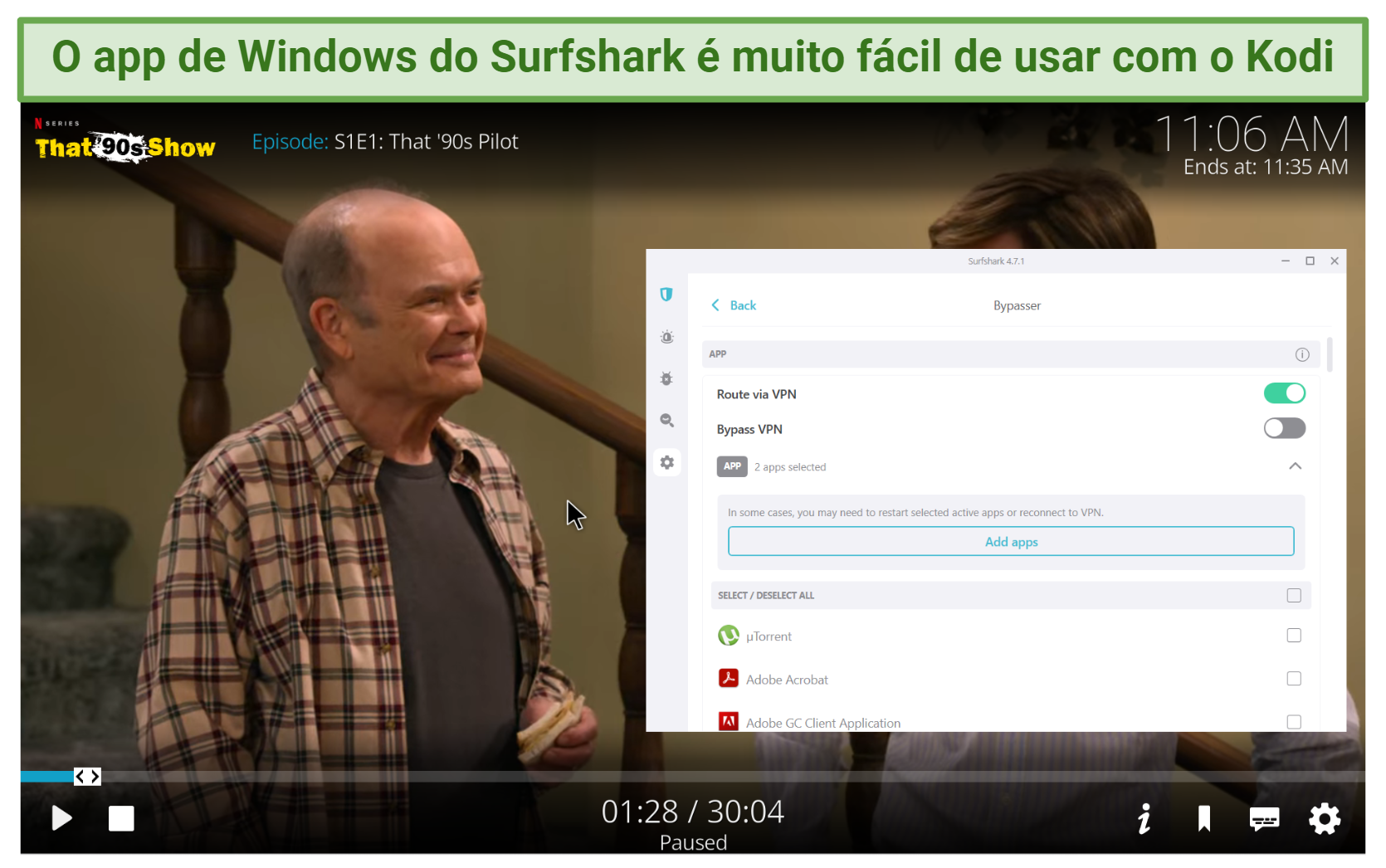 Screenshot of Surfshark's Windows app connected while watching That 90's show on Kodi's Netflix add-on