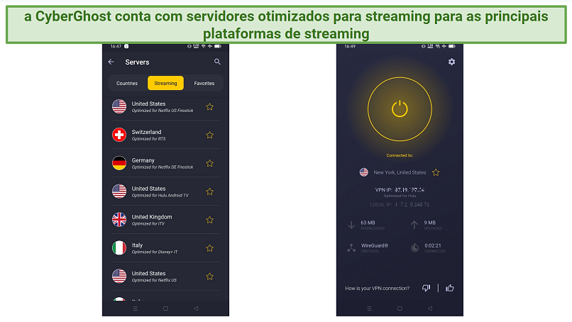 screenshot displaying CyberGhost's streaming-optimized servers