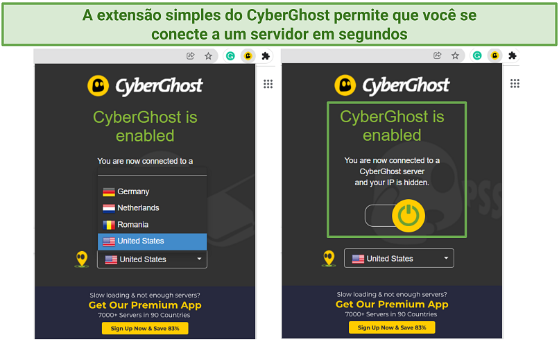 Screenshot of CyberGhost's free Chrome extension highlighting its simple design