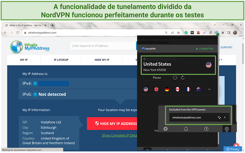 Screenshot of NordVPN's Chrome extension's split tunneling feature working on whatsmyipaddresscom