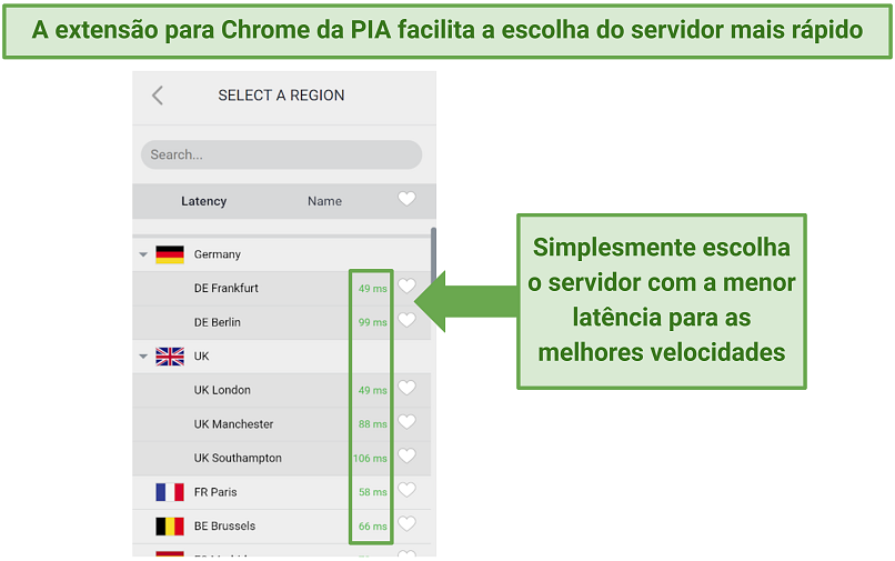 Screenshot of PIA's Chrome extension server list highlighting the organization by latency