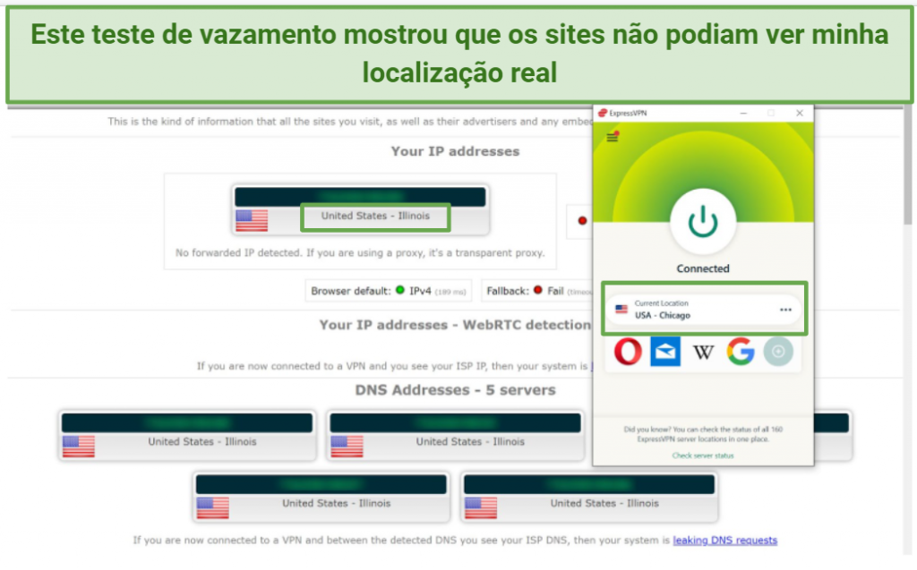 Screenshot of a leak test performed on ipleaknet while connected to ExpressVPN's Chicago server