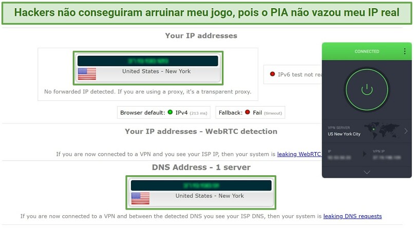 A screenshot showing that PIA's NY server didn't leak my real IP address