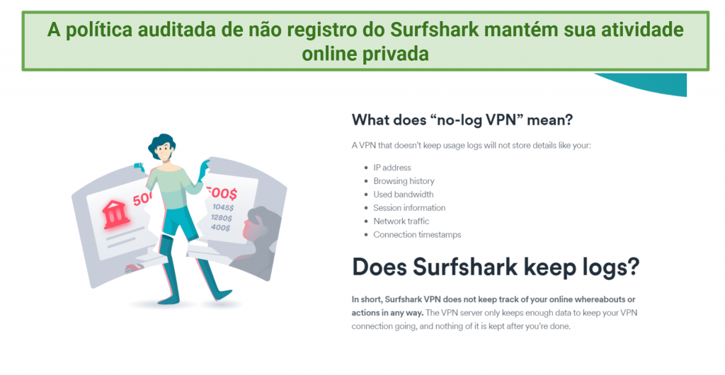 Captura de tela exibindo informações sobre se a Surfshark mantém logs ou não