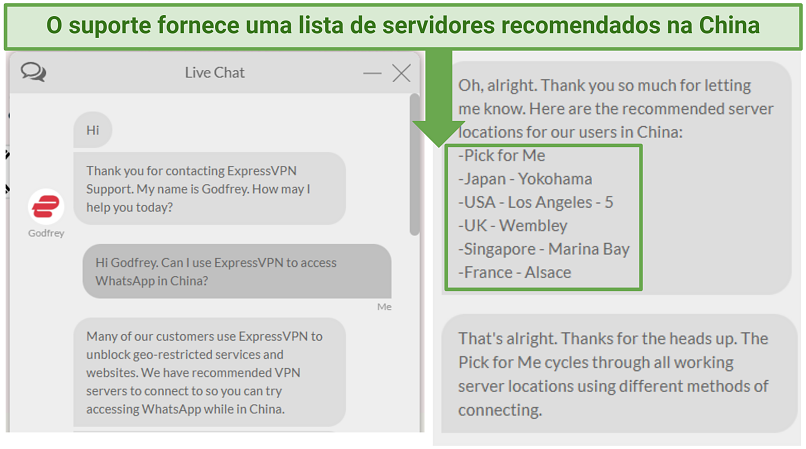 Screenshot of a conversation with ExpressVPN live chat support regarding server recommendations for China