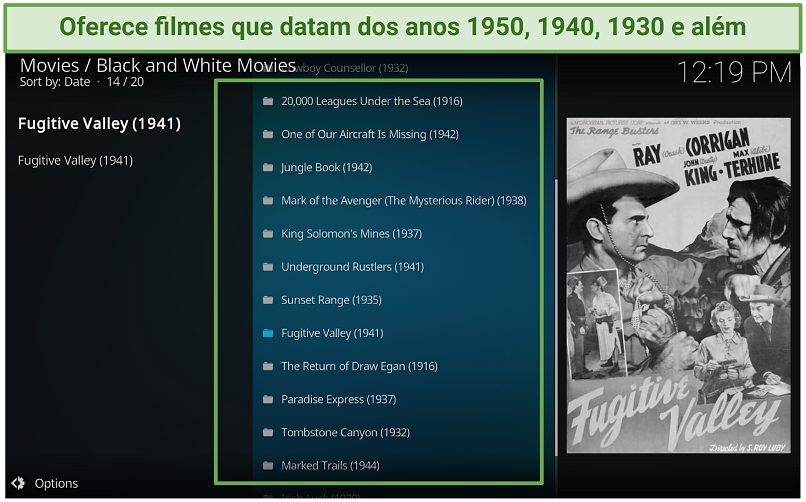 Uma captura de tela mostrando o complemento Black and White Movies para Kodi tem filmes clássicos