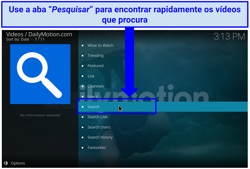 Uma captura de tela mostrando a aba de pesquisa do complemento Dailymotion Kodi que permite encontrar vídeos rapidamente