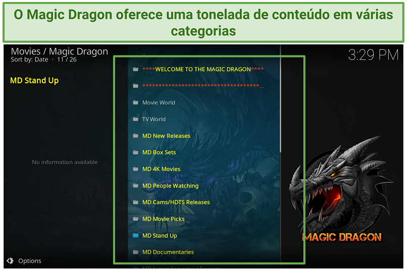 Uma captura de tela mostrando que o complemento Magic Dragon Kodi tem seu conteúdo colocado em diferentes categorias.