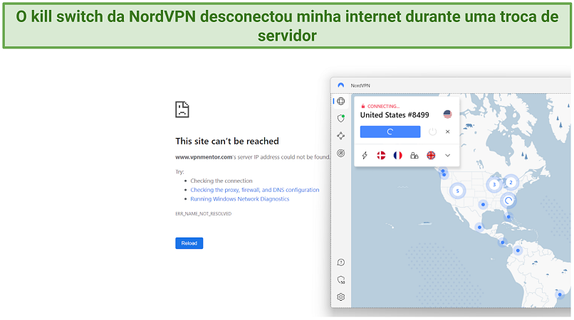 Captura de tela mostrando que a NordVPN oferece um kill switch eficaz