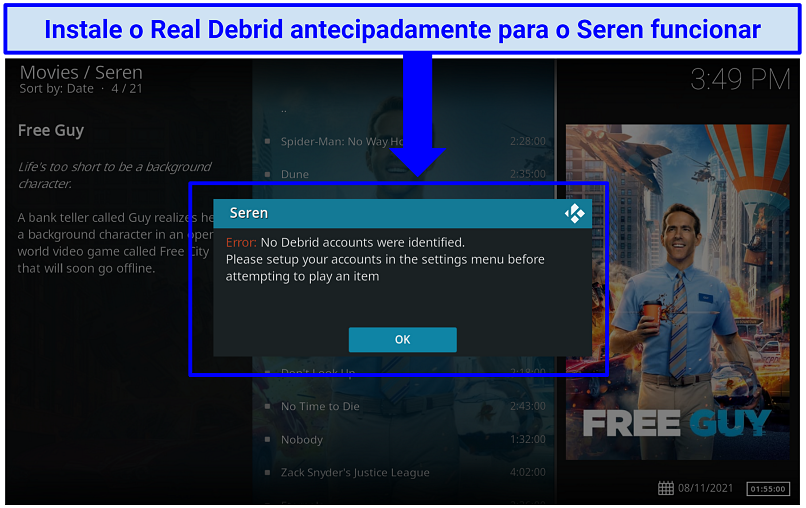 Uma captura de tela mostrando que Seren requer Real Debrid para funcionar.