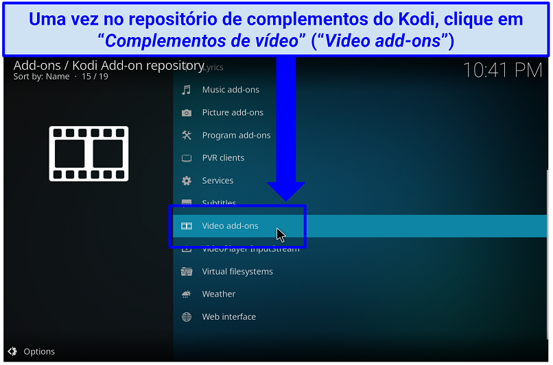 Uma captura de tela da opção de complemento de vídeo que o leva diretamente aos complementos oficiais do Kodi