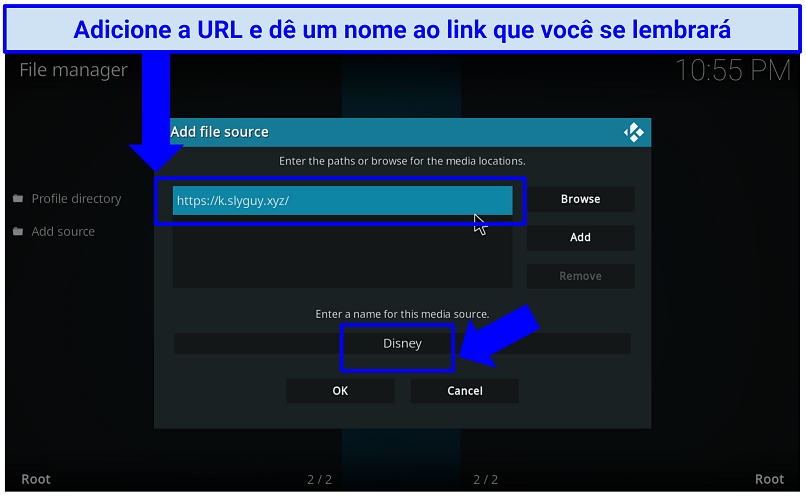 Uma captura de tela mostrando como é fácil adicionar a URL de um repositório e nomeá-lo no Kodi