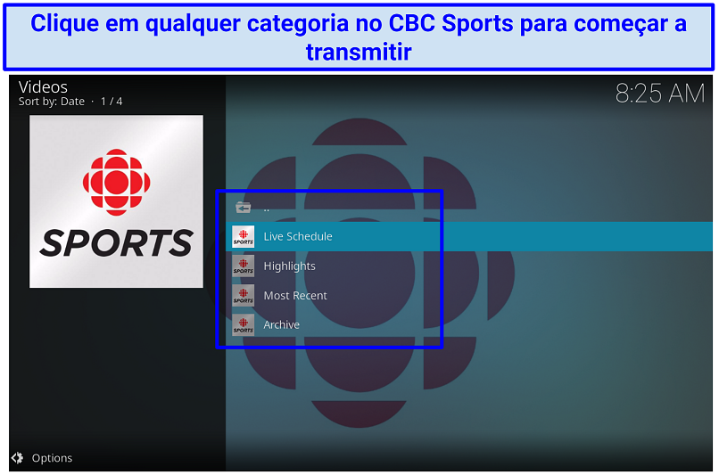 Uma captura de tela mostrando que o addon CBC Sports tem uma interface simples