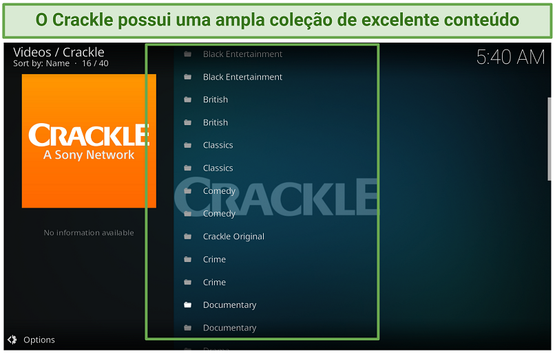 Uma captura de tela mostrando que o complemento Crackle tem uma sólida coleção de ótimo conteúdo.