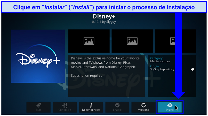 Captura de tela da instalação do complemento Disney+ Kodi