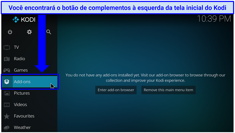 Uma captura de tela mostrando o botão de complemento para clicar à esquerda da tela inicial do Kodi para instalar o complemento oficial do Kodi