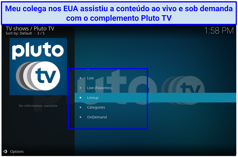 Uma captura de tela mostrando o complemento multi-categoria da Pluto TV