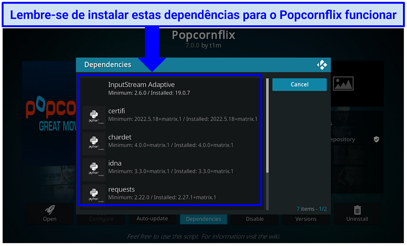 Uma captura de tela mostrando que você deve instalar outras dependências para que o complemento Popcornflix funcione