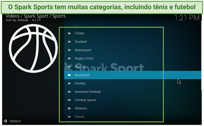Uma captura de tela mostrando que o complemento Spark Sports Kodi oferece uma grande variedade de eventos esportivos