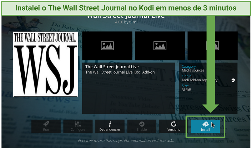 Uma captura de tela mostrando que você pode instalar o complemento The Wall Street Journal no Kodi