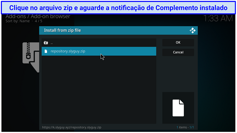 Uma captura de tela mostrando o arquivo zip real para clicar e instalar um repositório Kodi