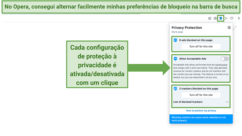 Screenshot showing how to toggle your privacy protection features on Opera browser