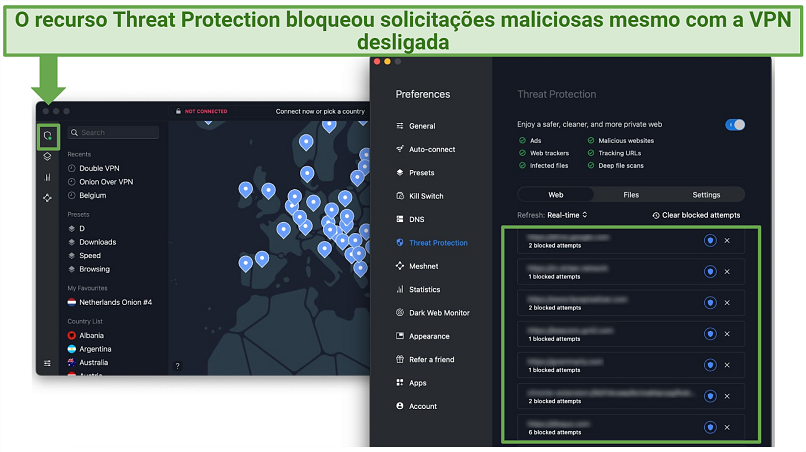 A screenshot of NordVPN's Threat Protection blocking malicious attempts even with the VPN off