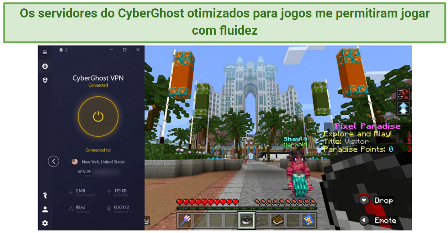 A screenshot of CyberGhost working with Minecraft