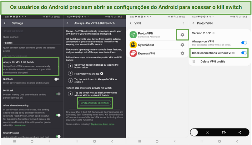 Screenshots of Proton VPN settings and Android settings needed to turn on kill switch