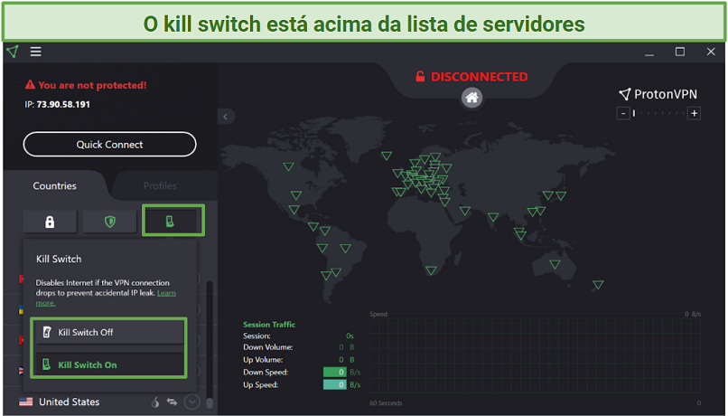Screenshot of the Proton VPN UI showing where to find the kill switch