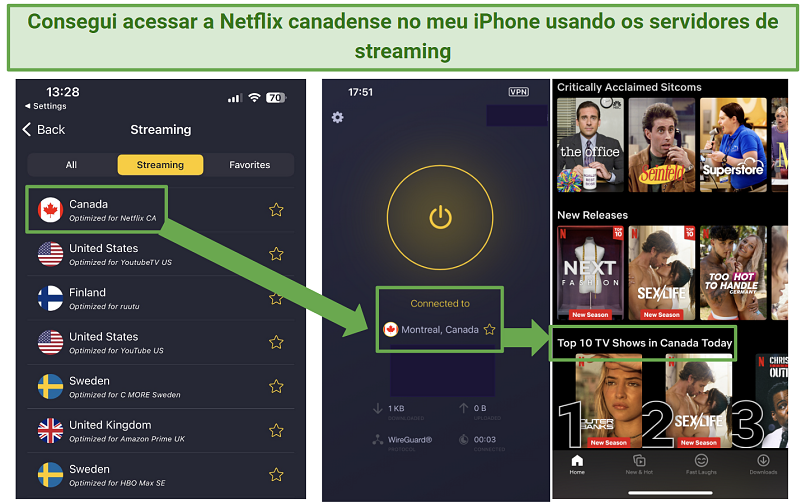 Screenshot of CyberGhost's streaming servers accessing Canadian Netflix on iOS