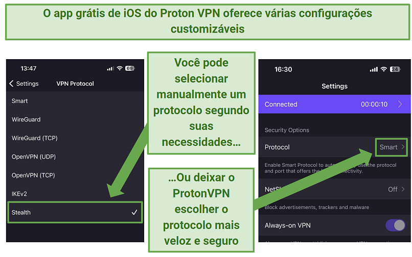 Screenshot of Proton VPN iOS app's security features