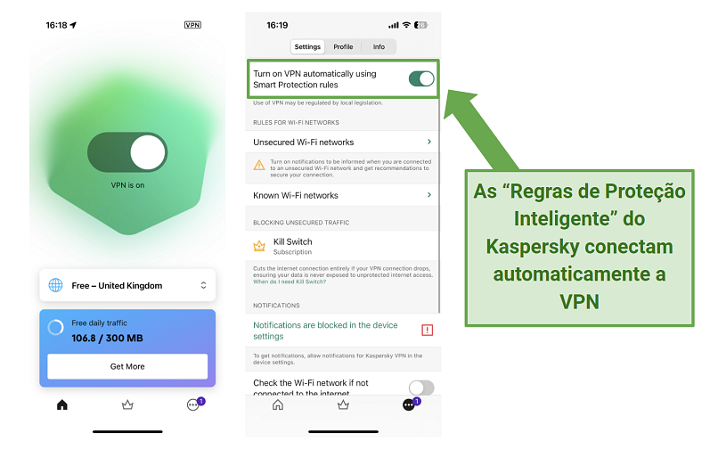 Screenshot of Kaspersky's iOS app and Smart Protection feature