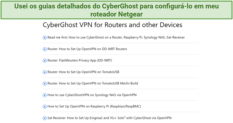 Screenshot showing a list of CyberGhost's router setup guides