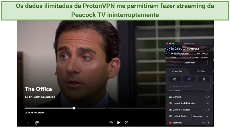 Screenshot showing Proton VPN's free US server unblocking Peacock TV