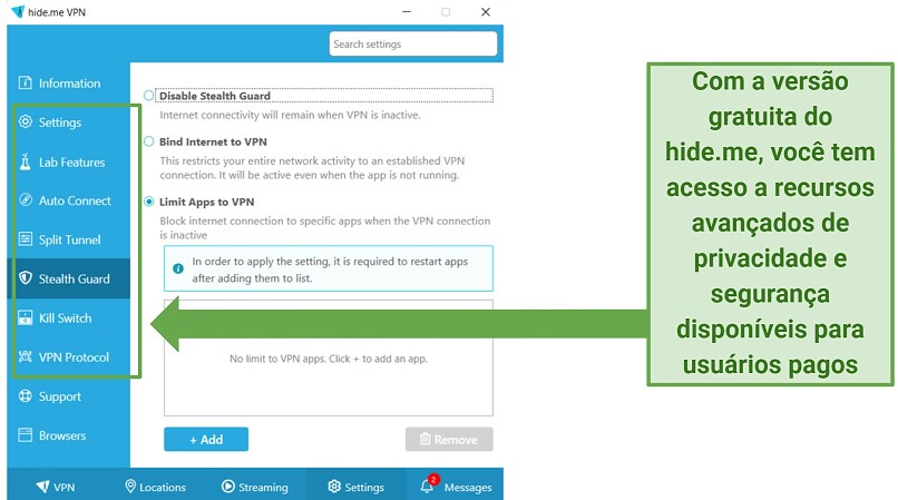 A screenshot showing hide.me VPN free version comes with lots of great security and privacy features