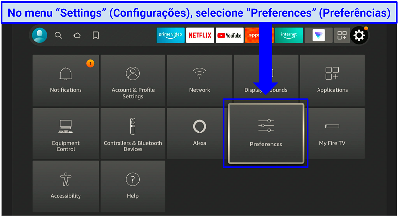 A screenshot showing the Preferences tab to click on to access Firestick's Privacy Settings