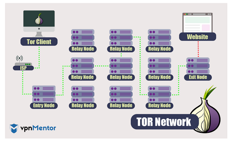Infográfico mostrando como a rede Tor encaminha dados através de nós de retransmissão