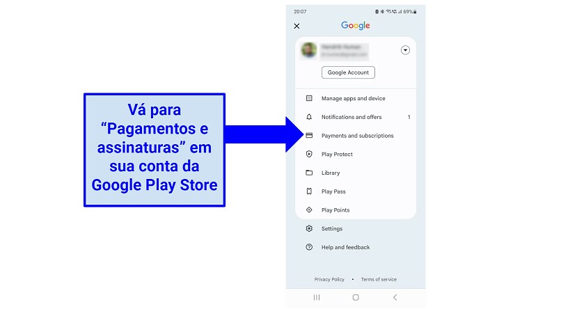 A screenshot of the Google Play Store's account menu showing the payments and subscriptions page.