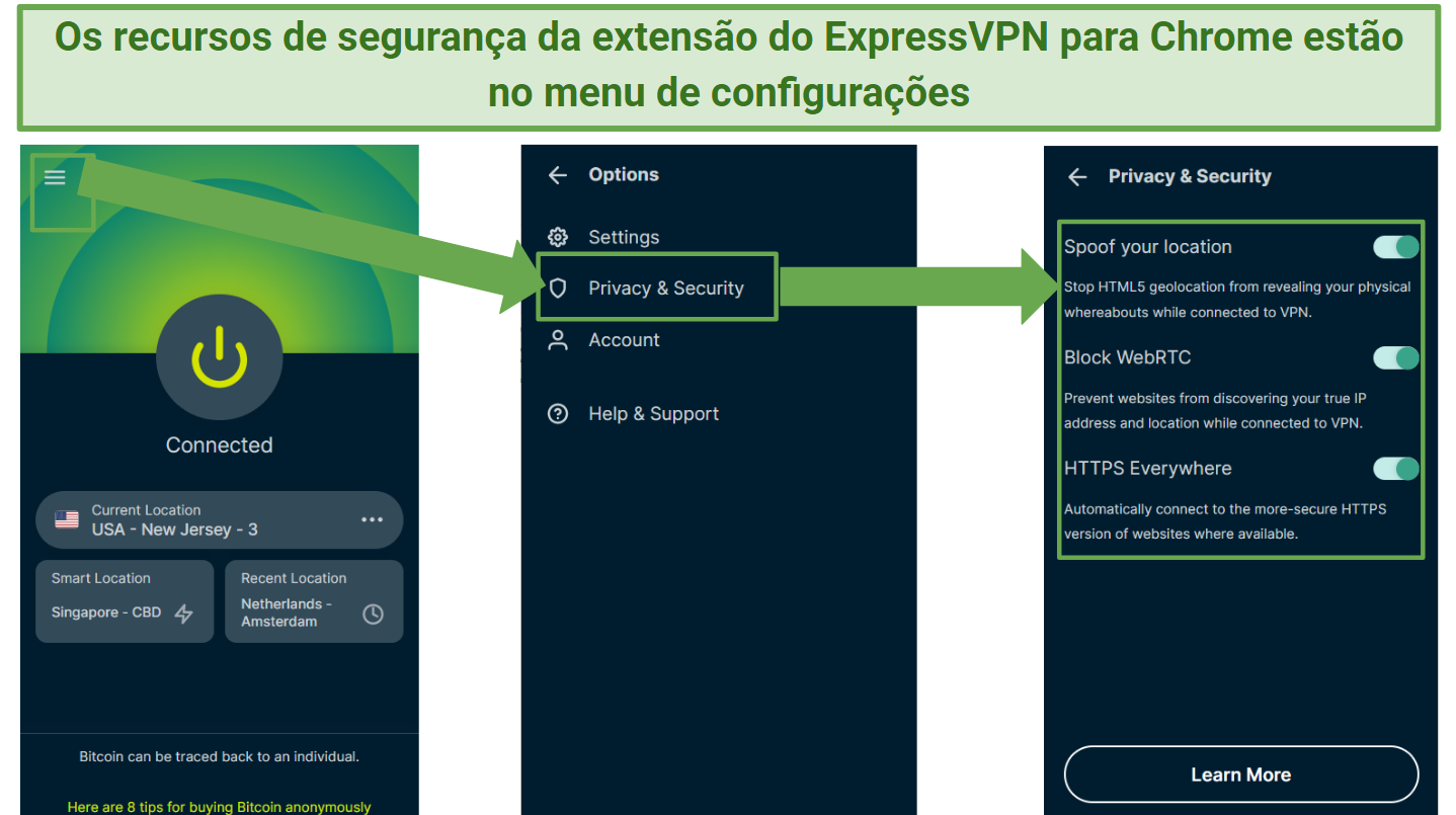 Screenshot showing how to access security settings on the ExpressVPN Chrome extension interface
